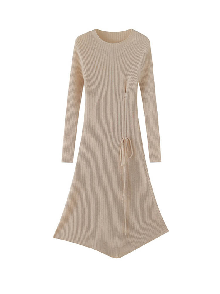 Chic Crewneck Ribbed Cashmere Sweater Dress with Side Drawstring