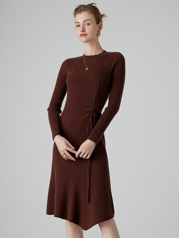 Chic Crewneck Ribbed Cashmere Sweater Dress with Side Drawstring