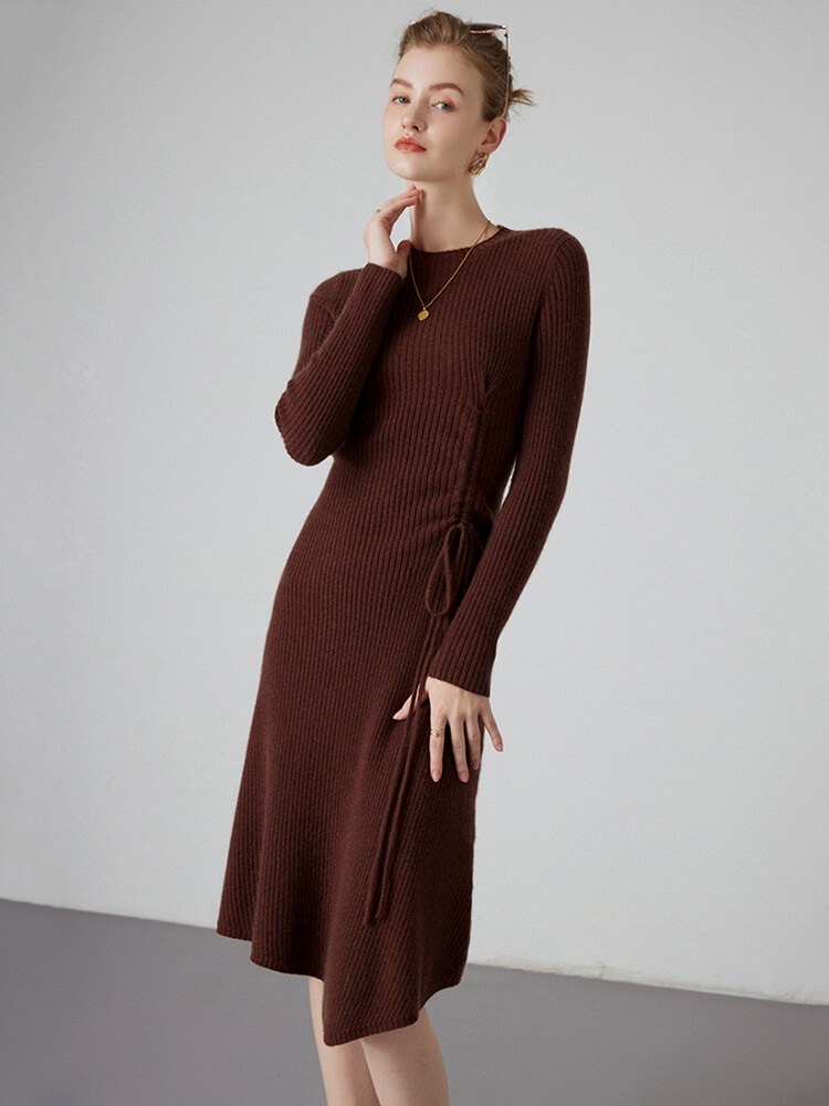 Chic Crewneck Ribbed Cashmere Sweater Dress with Side Drawstring