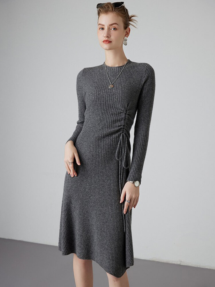 Chic Crewneck Ribbed Cashmere Sweater Dress with Side Drawstring