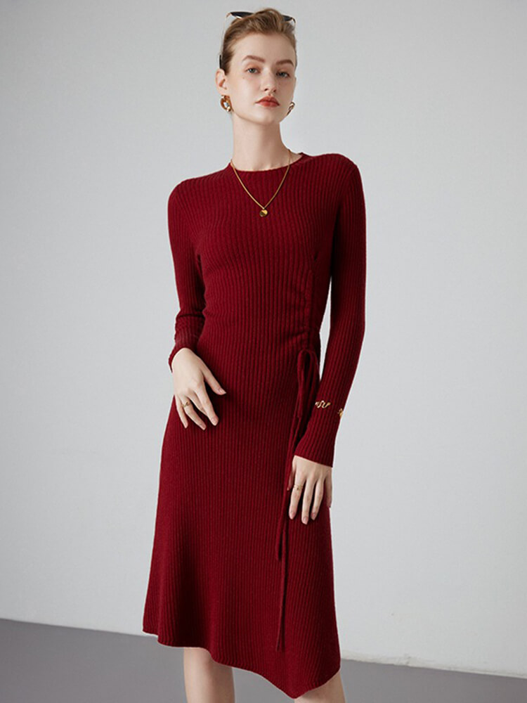 Chic Crewneck Ribbed Cashmere Sweater Dress with Side Drawstring