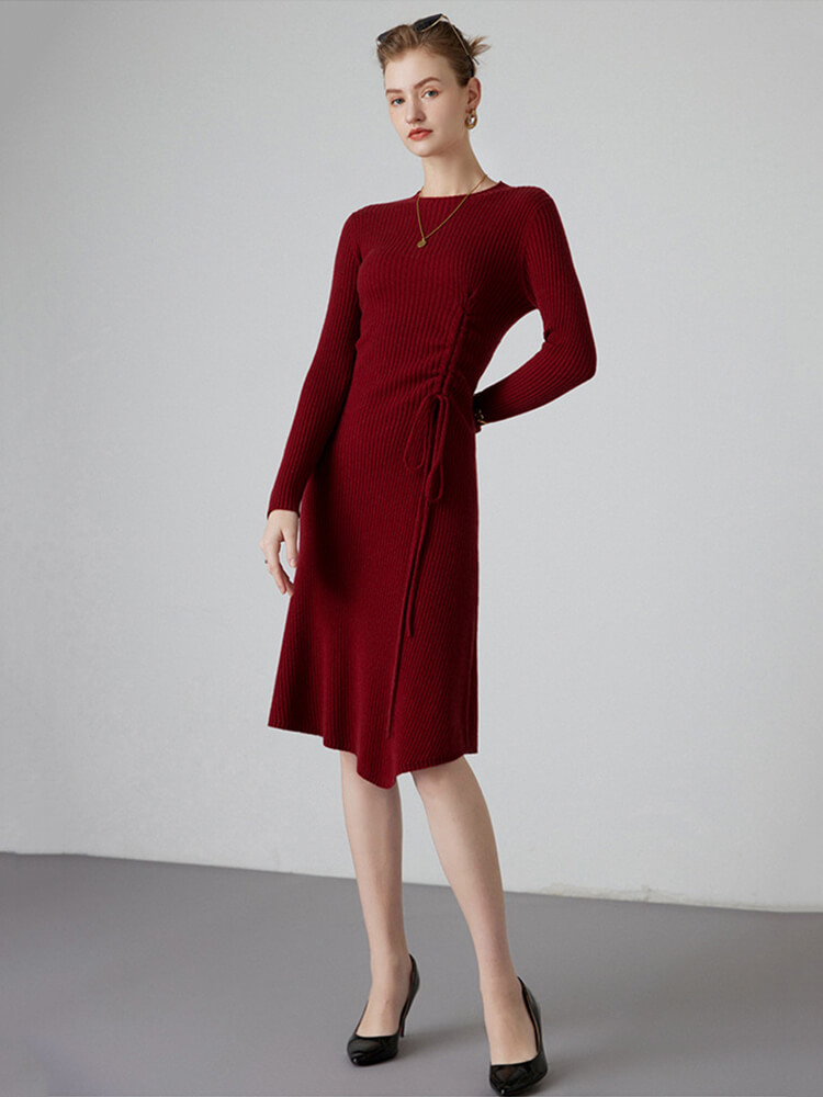 Chic Crewneck Ribbed Cashmere Sweater Dress with Side Drawstring