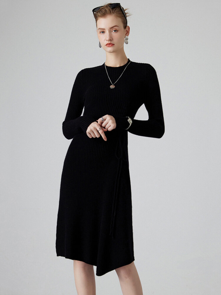 Chic Crewneck Ribbed Cashmere Sweater Dress with Side Drawstring