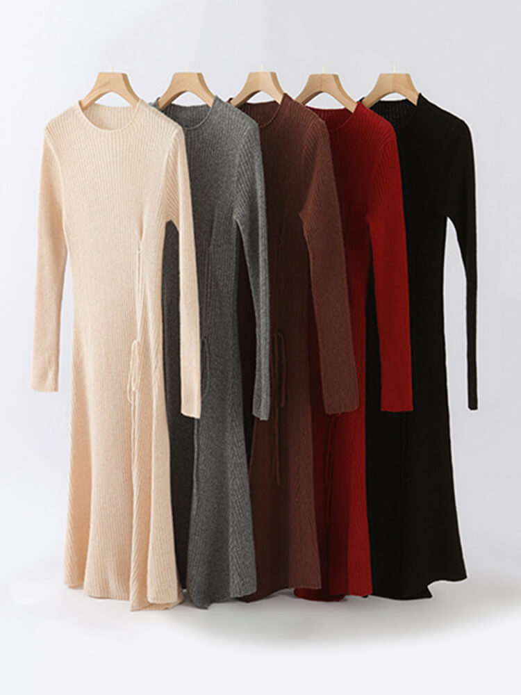 Chic Crewneck Ribbed Cashmere Sweater Dress with Side Drawstring