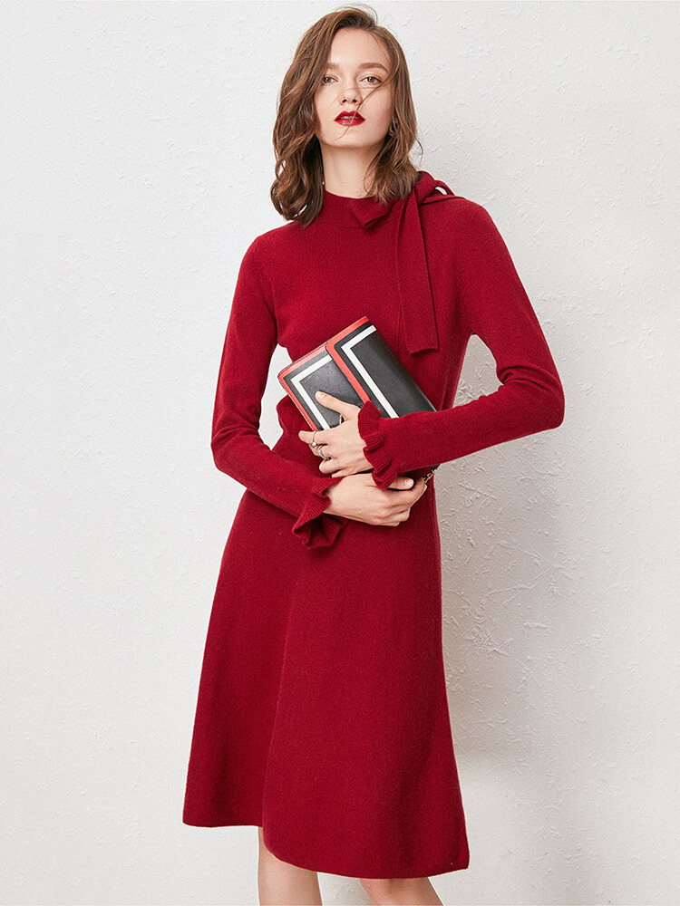 Tie Neck A-Line Long Sleeve Cashmere Wool Blend Sweater Dress