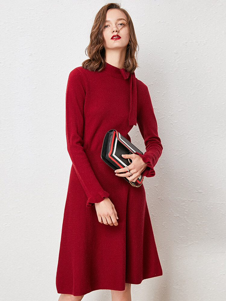 Tie Neck A-Line Long Sleeve Cashmere Wool Blend Sweater Dress