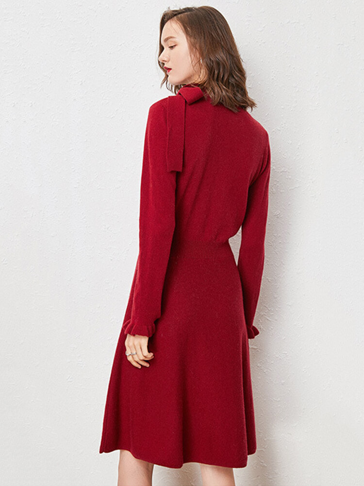 Tie Neck A-Line Long Sleeve Cashmere Wool Blend Sweater Dress