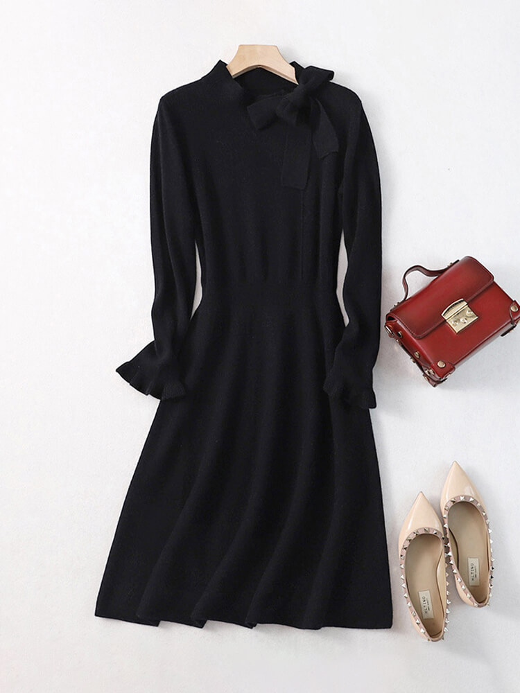 Tie Neck A-Line Long Sleeve Cashmere Wool Blend Sweater Dress