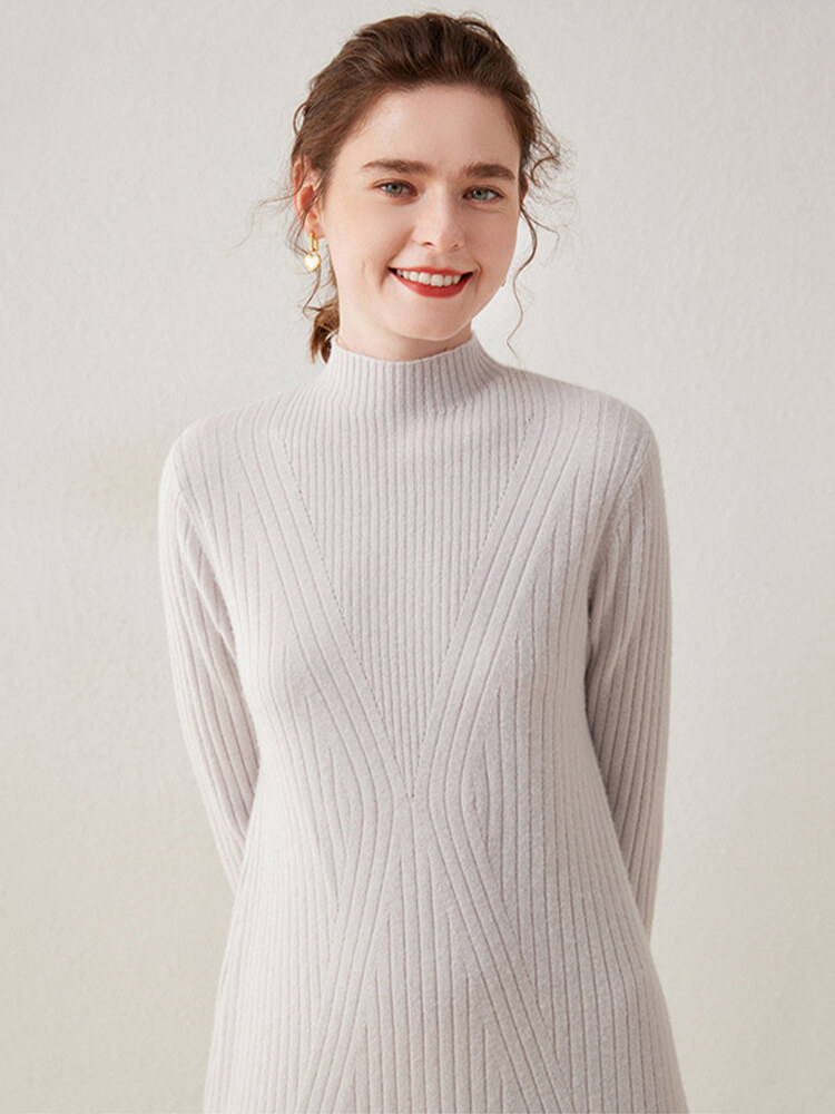 Long Sleeve Mock Neck Ribbed Knit Cashmere Midi Dress