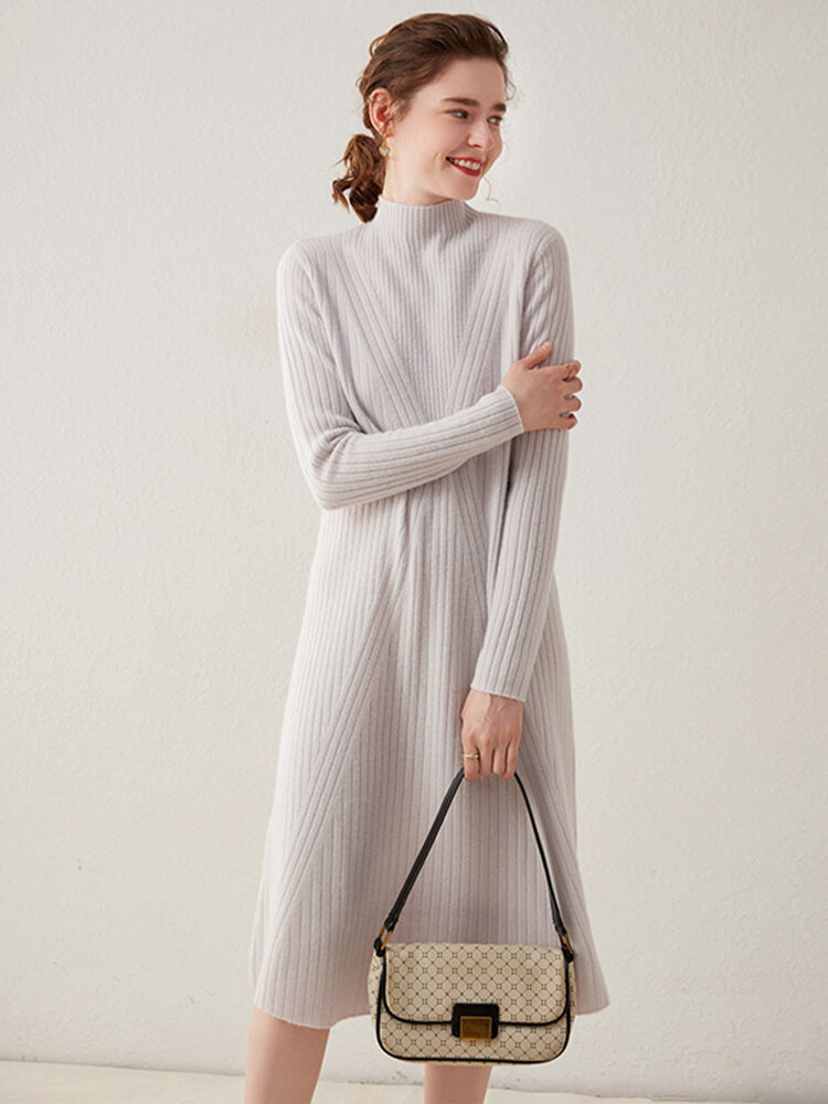 Long Sleeve Mock Neck Ribbed Knit Cashmere Midi Dress