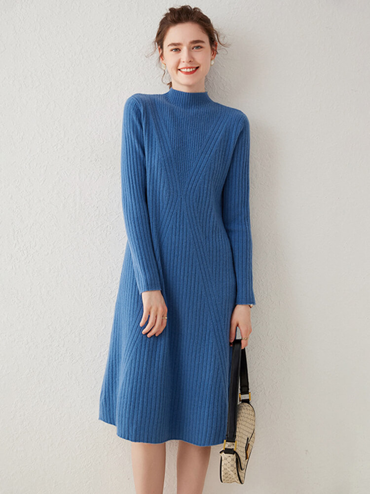 Long Sleeve Mock Neck Ribbed Knit Cashmere Midi Dress