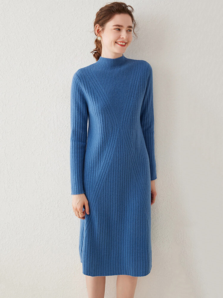 Long Sleeve Mock Neck Ribbed Knit Cashmere Midi Dress