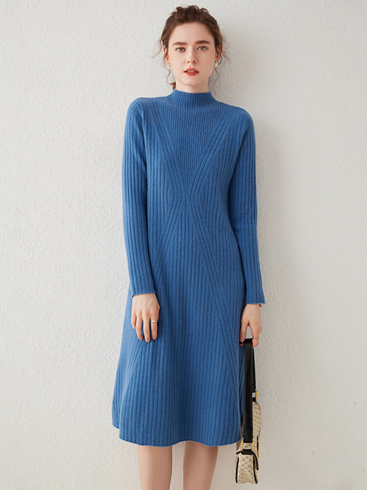 Long Sleeve Mock Neck Ribbed Knit Cashmere Midi Dress