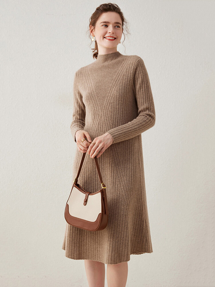 Long Sleeve Mock Neck Ribbed Knit Cashmere Midi Dress