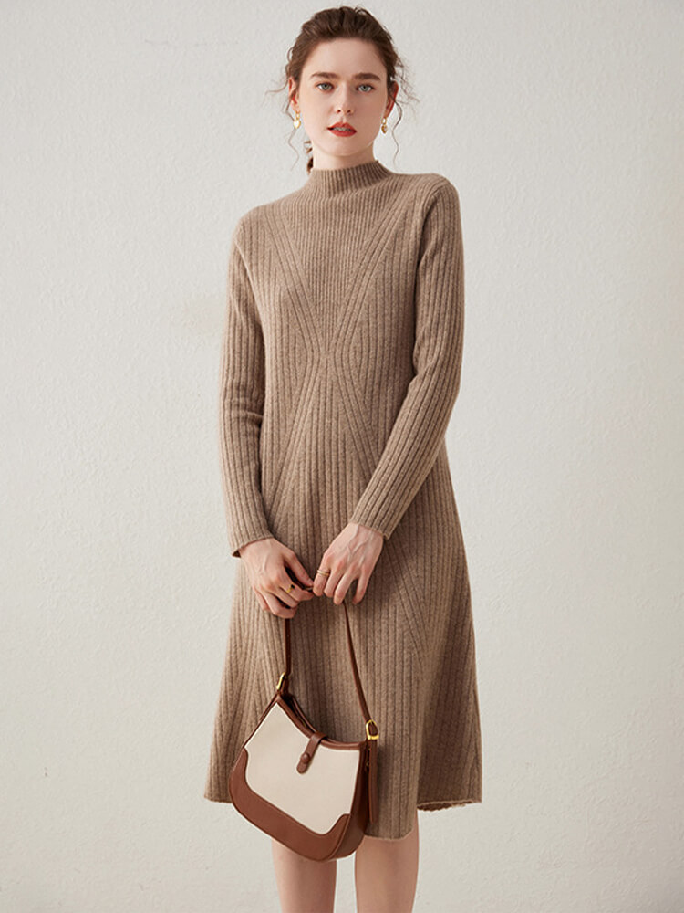 Long Sleeve Mock Neck Ribbed Knit Cashmere Midi Dress