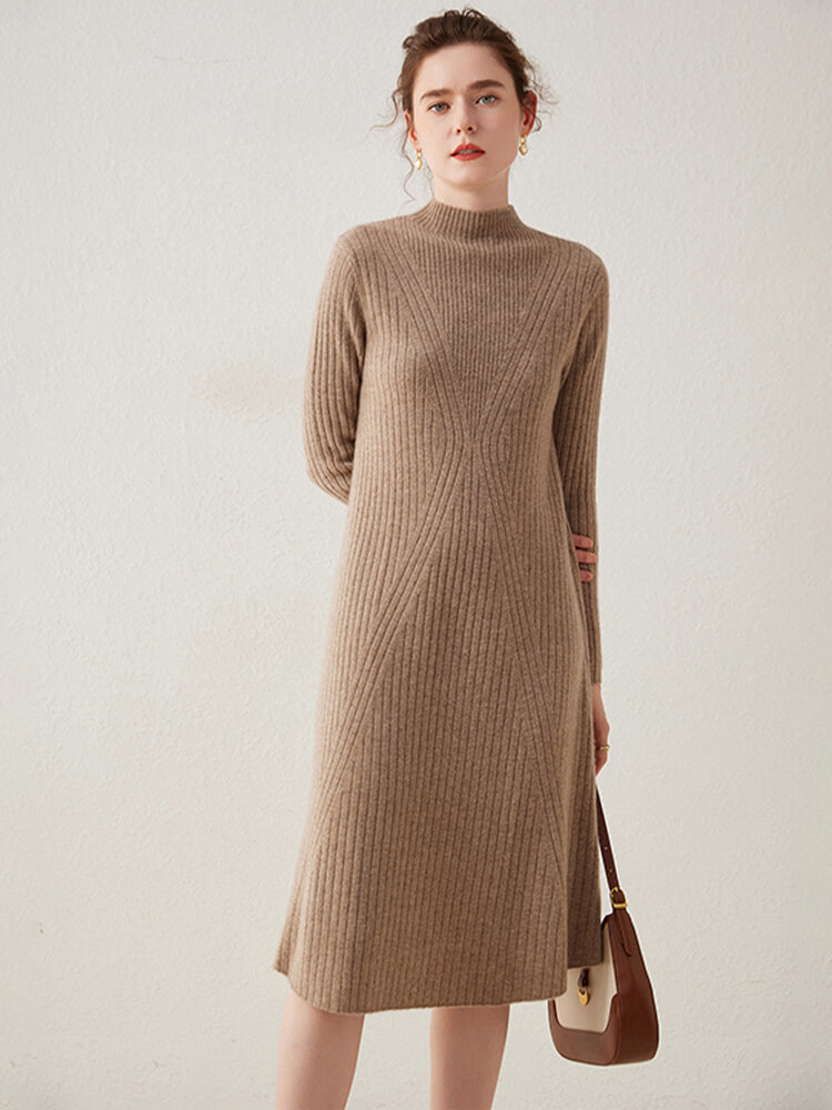 Long Sleeve Mock Neck Ribbed Knit Cashmere Midi Dress