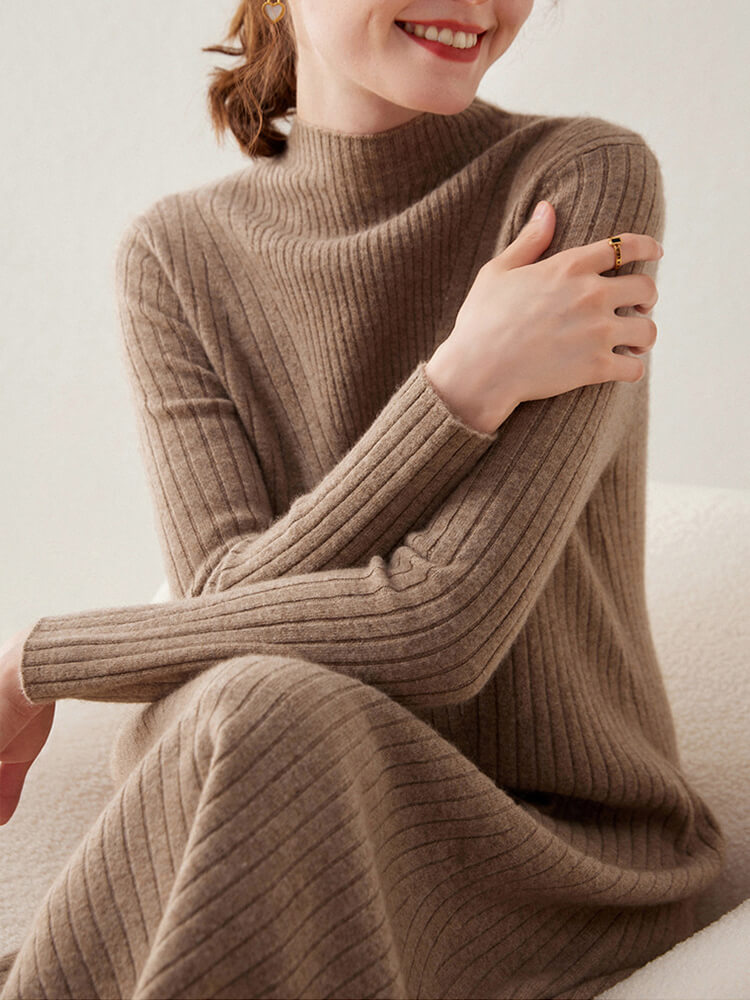 Long Sleeve Mock Neck Ribbed Knit Cashmere Midi Dress