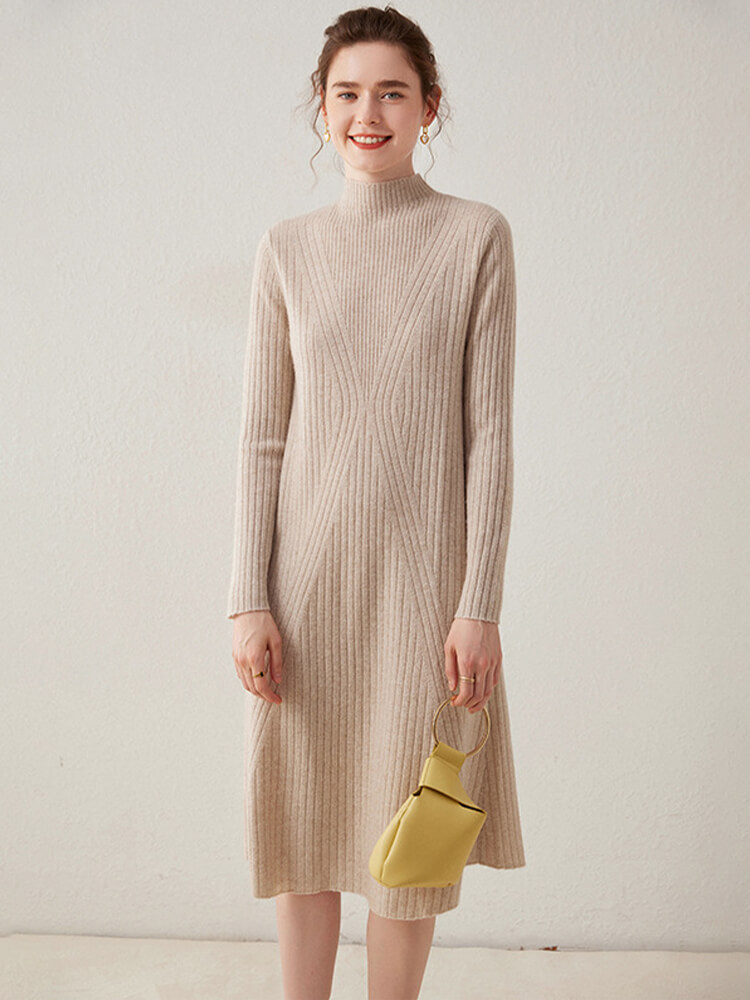 Long Sleeve Mock Neck Ribbed Knit Cashmere Midi Dress