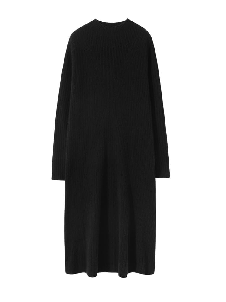 Long Sleeve Mock Neck Ribbed Knit Cashmere Midi Dress