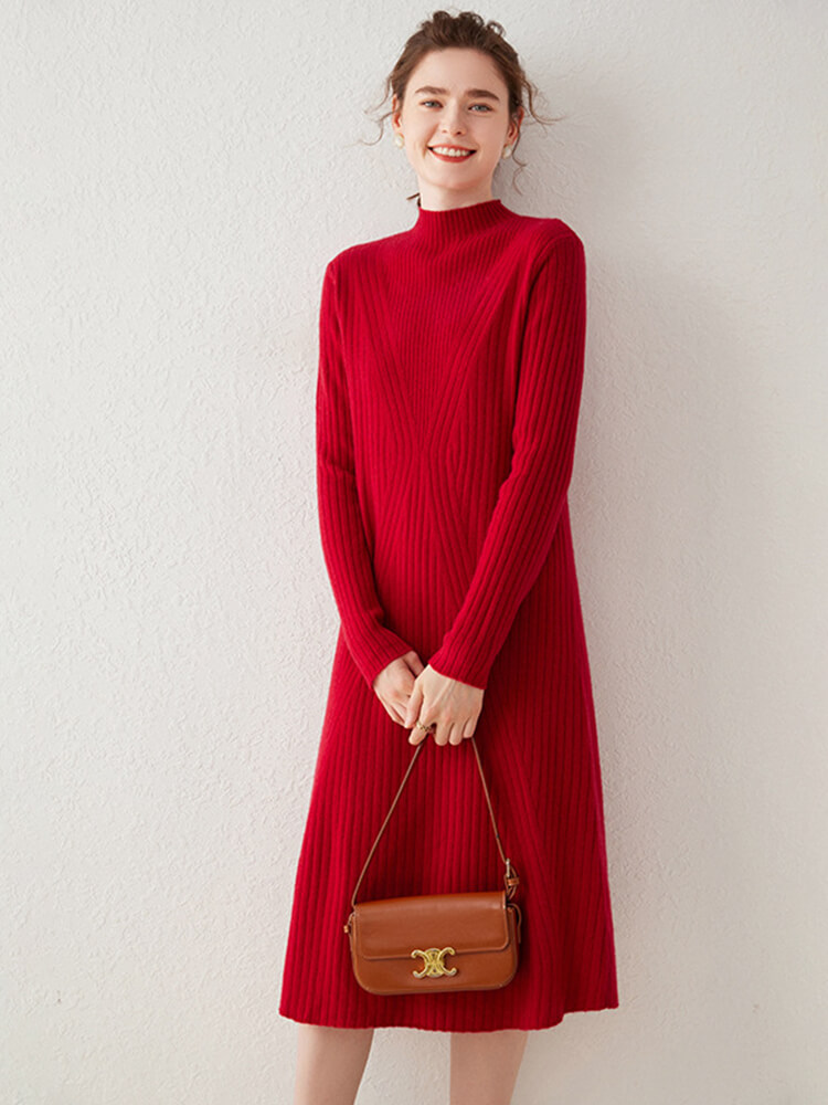 Long Sleeve Mock Neck Ribbed Knit Cashmere Midi Dress