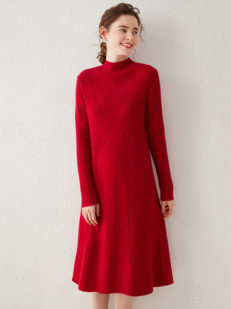 Long Sleeve Mock Neck Ribbed Knit Cashmere Midi Dress