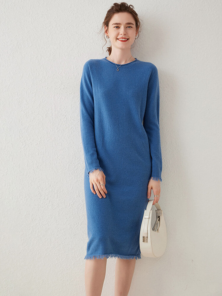 Soft Long-Sleeve Cashmere Knit Midi Dress with Frayed Hem