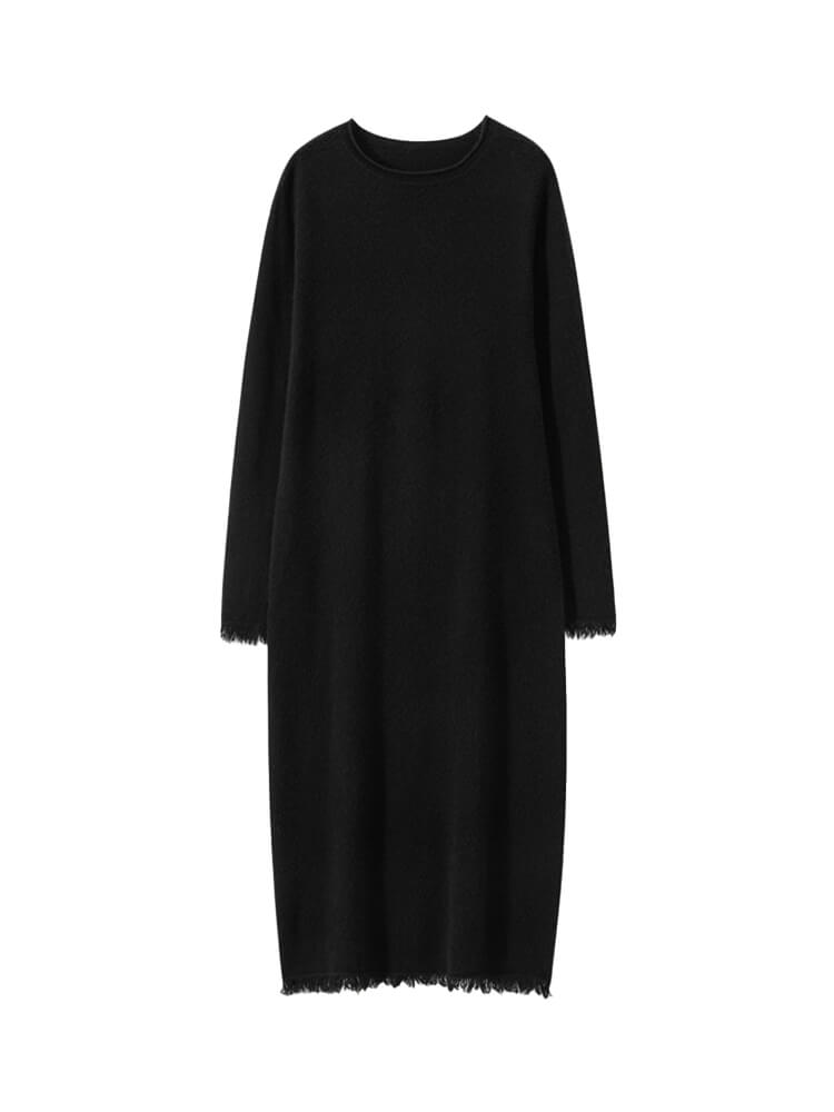 Soft Long-Sleeve Cashmere Knit Midi Dress with Frayed Hem