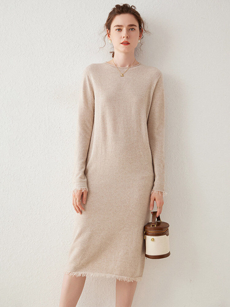 Soft Long-Sleeve Cashmere Knit Midi Dress with Frayed Hem