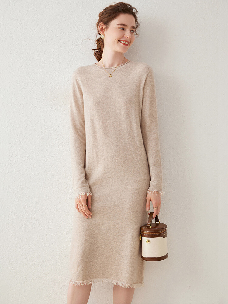 Soft Long-Sleeve Cashmere Knit Midi Dress with Frayed Hem