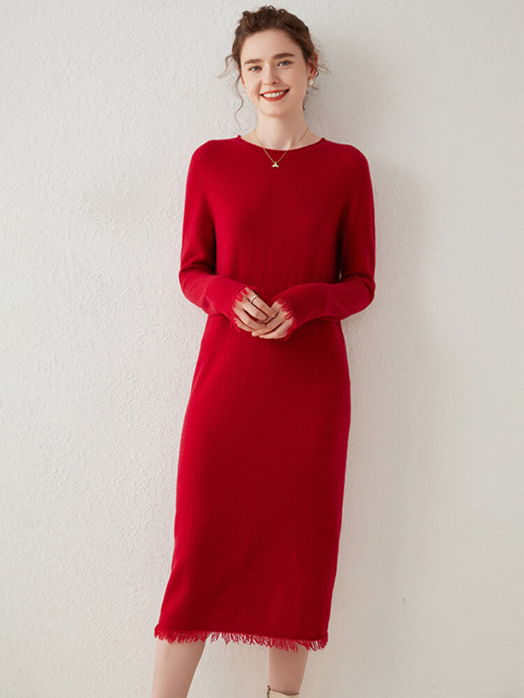 Soft Long-Sleeve Cashmere Knit Midi Dress with Frayed Hem