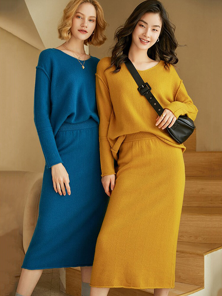 Women's Elegant Two-Piece V-Neck Cashmere Sweater and Skirt Set