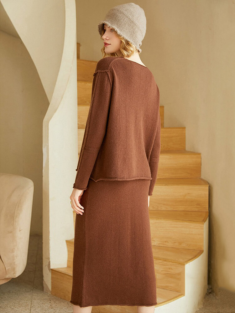 Women's Elegant Two-Piece V-Neck Cashmere Sweater and Skirt Set