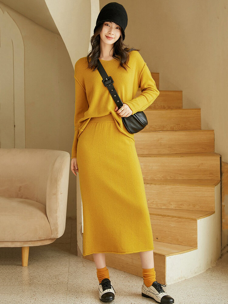 Women's Elegant Two-Piece V-Neck Cashmere Sweater and Skirt Set