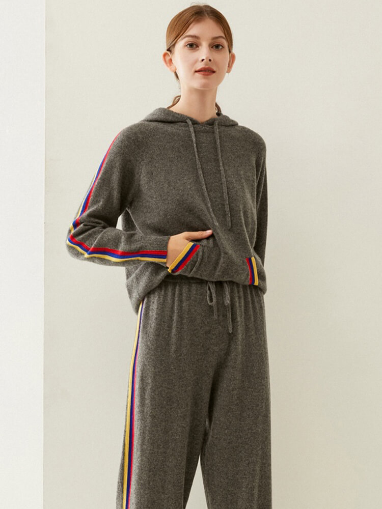 Women's Cashmere Hoodie and Jogger Set with Colorful Stripe