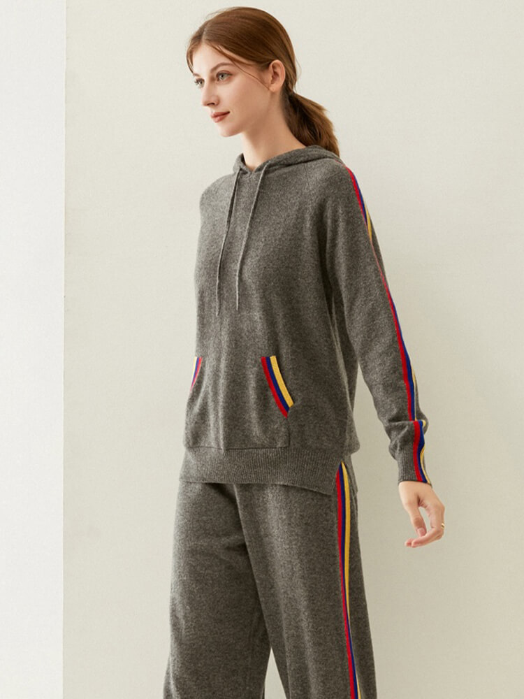 Women's Cashmere Hoodie and Jogger Set with Colorful Stripe