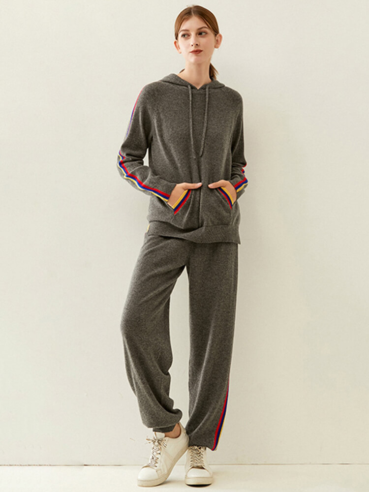 Women's Cashmere Hoodie and Jogger Set with Colorful Stripe