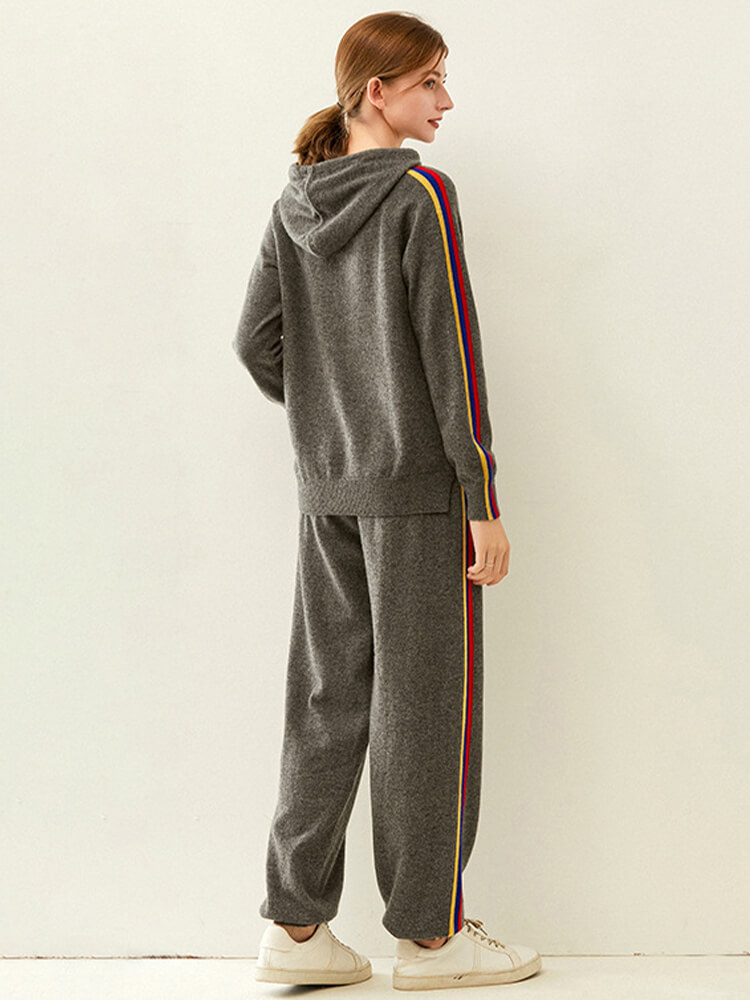 Women's Cashmere Hoodie and Jogger Set with Colorful Stripe