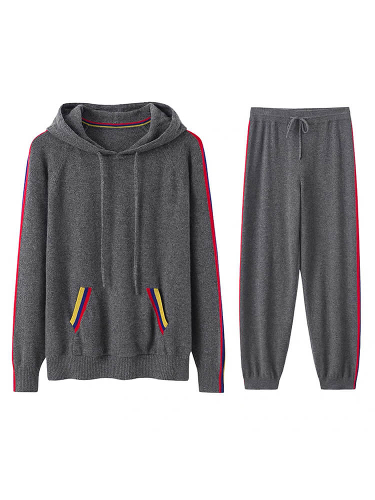 Women's Cashmere Hoodie and Jogger Set with Colorful Stripe