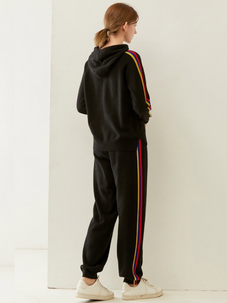 Women's Cashmere Hoodie and Jogger Set with Colorful Stripe