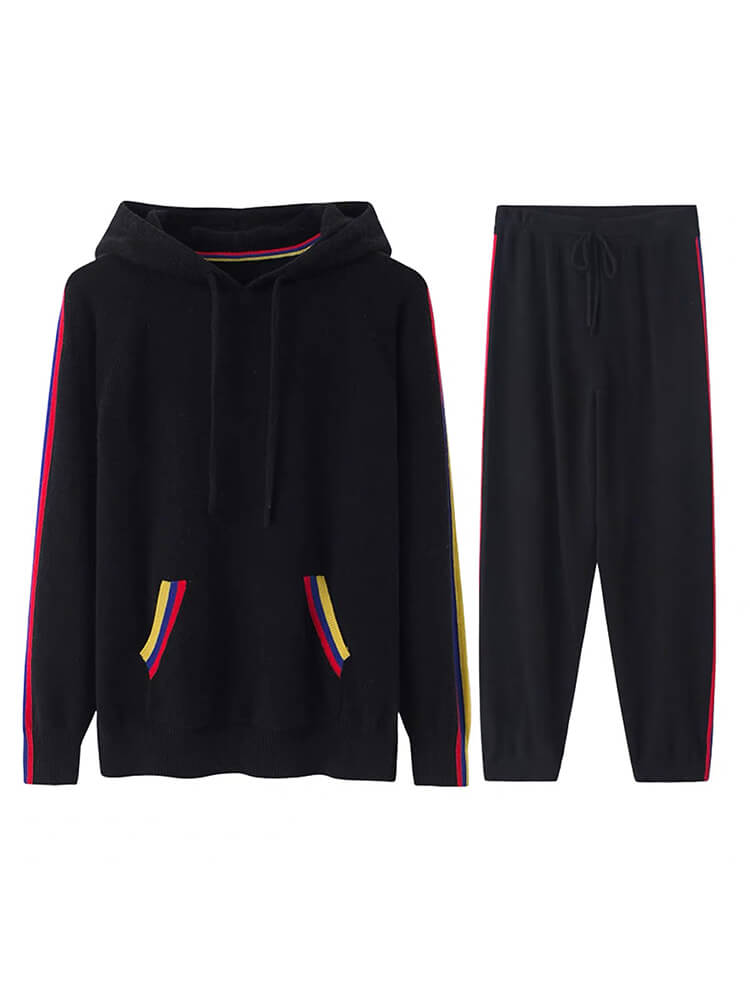 Women's Cashmere Hoodie and Jogger Set with Colorful Stripe