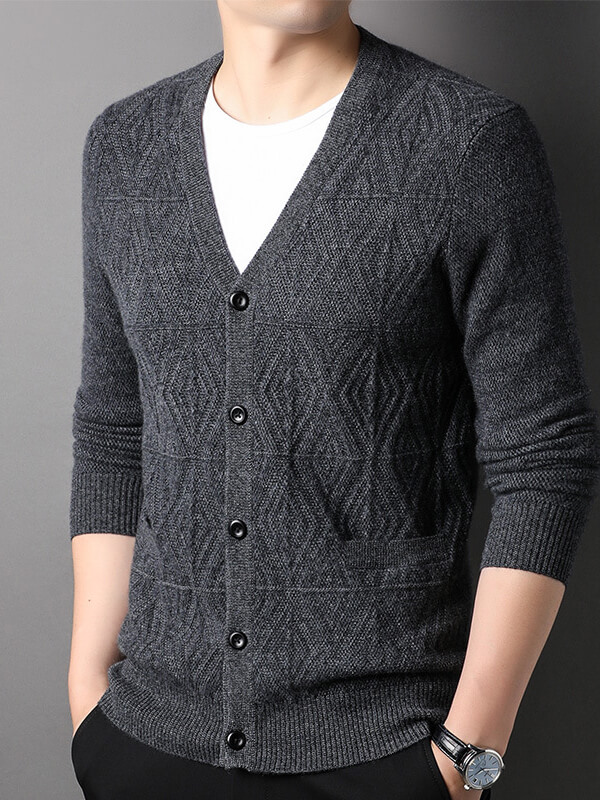 Men's Textured Button-Up V-Neck Cashmere Cardigan