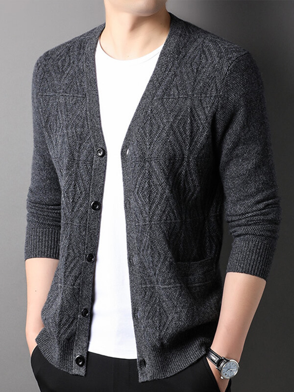 Men's Textured Button-Up V-Neck Cashmere Cardigan