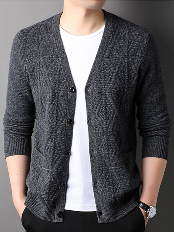 Men's Textured Button-Up V-Neck Cashmere Cardigan