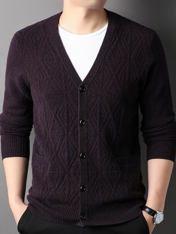 Men's Textured Button-Up V-Neck Cashmere Cardigan