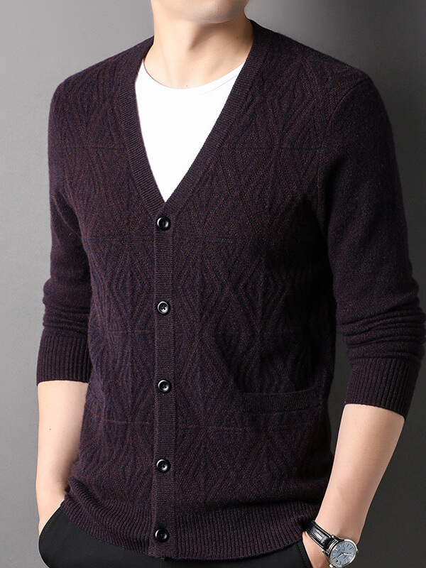 Men's Textured Button-Up V-Neck Cashmere Cardigan