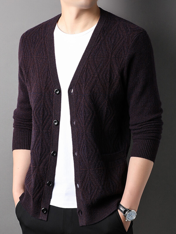 Men's Textured Button-Up V-Neck Cashmere Cardigan