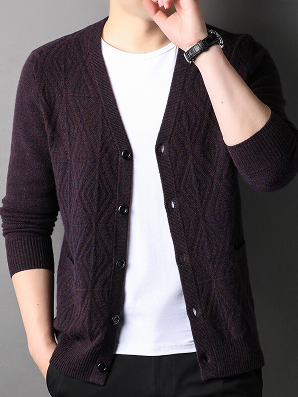 Men's Textured Button-Up V-Neck Cashmere Cardigan