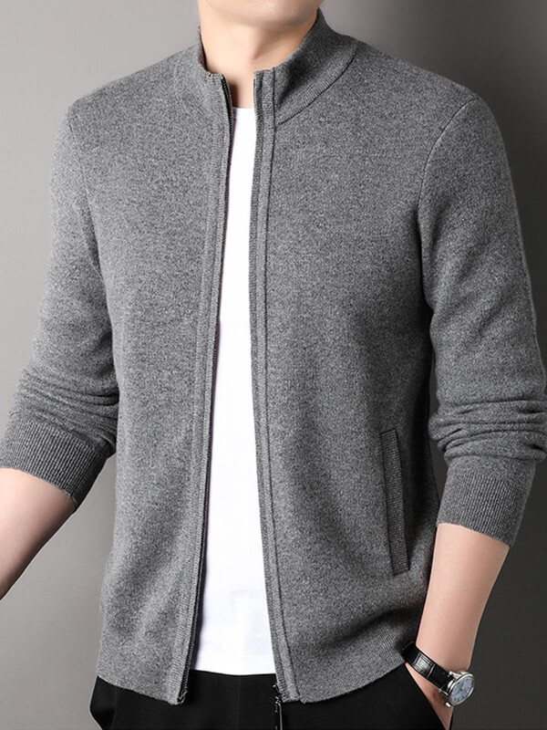 Men's Full-Zip Thickened Cashmere Mock Neck Cardigan