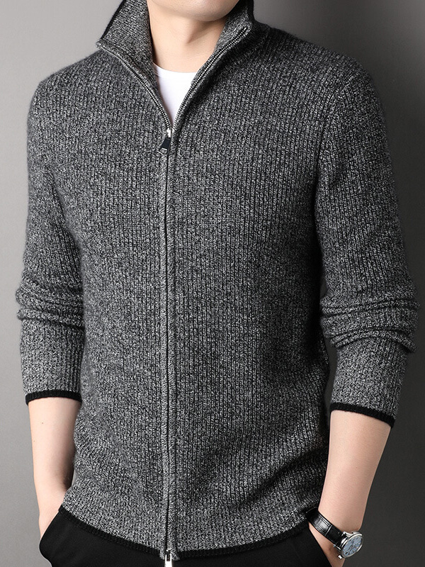 Men's Thickened Full-Zip Ribbed Cashmere Turtleneck Cardigan