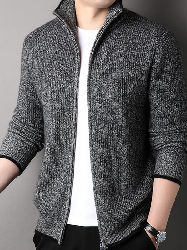 Men's Thickened Full-Zip Ribbed Cashmere Turtleneck Cardigan